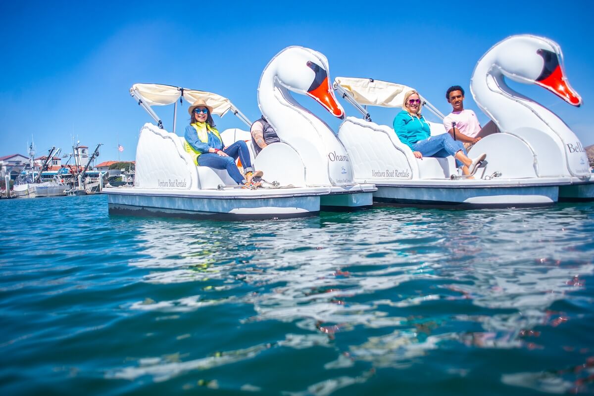 Perfect Weekend Itinerary at Ventura Harbor Village swan boats at the ventura harbor